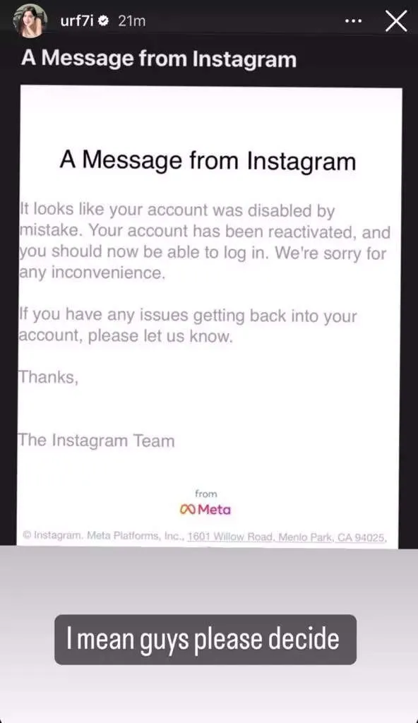 Urfi javed instagram account suspend
